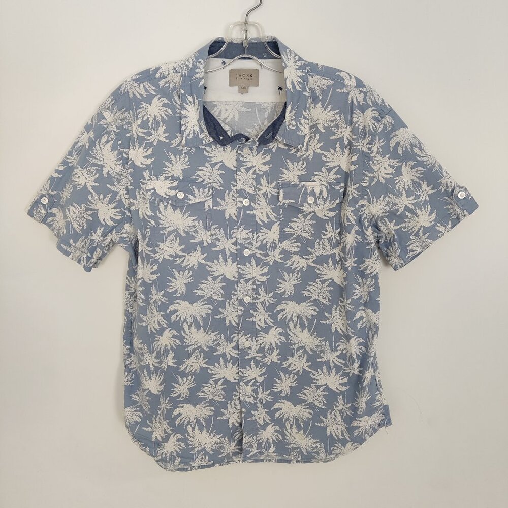 Jachs NY Men's Classic Short Sleeve Shirt Size L Cotton Blue White Palm Summer